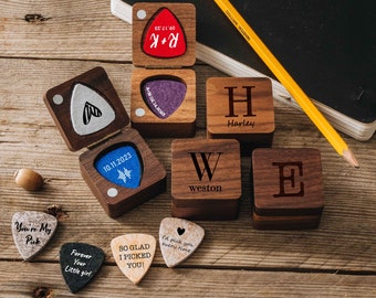 Personalized Felt Guitar Picks with Wood Case | 10 Colors Guitar Pick | Anniversary Gift for Him | Guitarist Gifts for Son | Ukulele pick