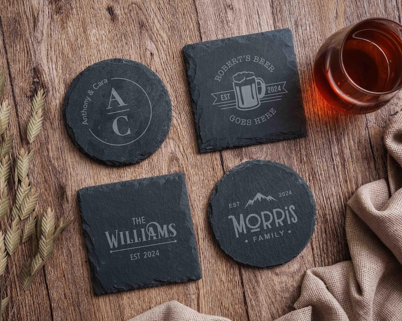 Juego de posavasos de pizarra personalizados, posavasos de piedra, regalo personalizado para él, regalos de inauguración de casa imagen 2
