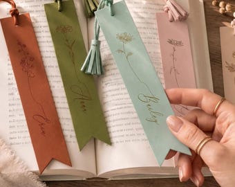 Birth Flower Leather Bookmark with Tassel and Custom Name, Personalized Book Lover Gift for Her
