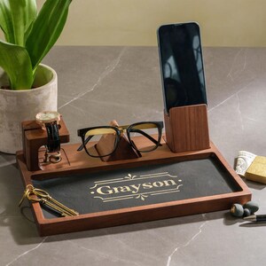 Engraved Groomsmen Valet Tray, Personalized Acacia Wooden Desk Catchall Organizer image 6