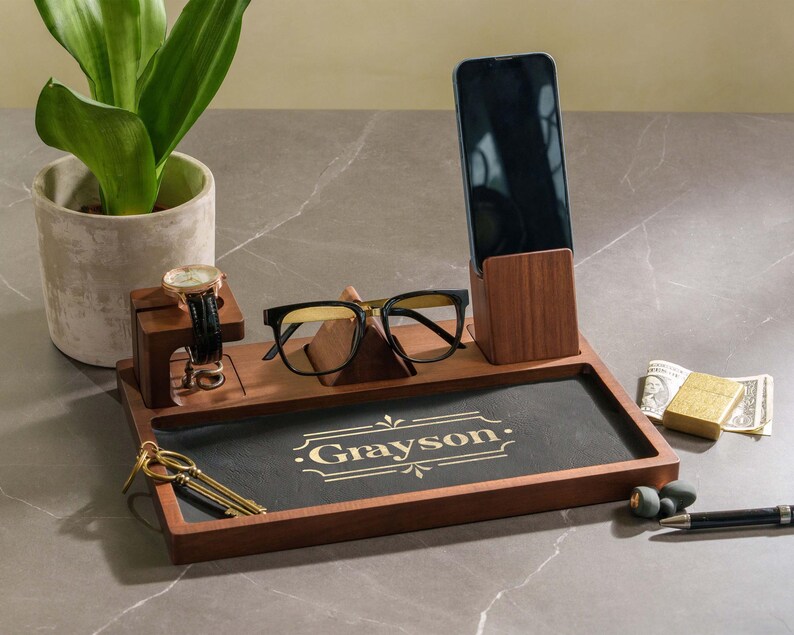 Engraved Groomsmen Valet Tray, Personalized Acacia Wooden Desk Catchall Organizer image 6