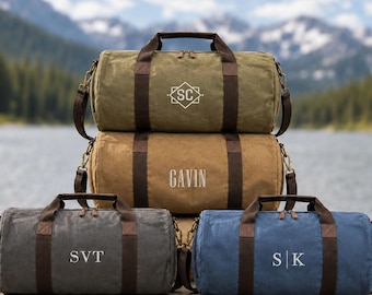 Personalized Groomsmen Canvas Duffle Bag: Custom Embroidered Monogram Travel Tote [N]