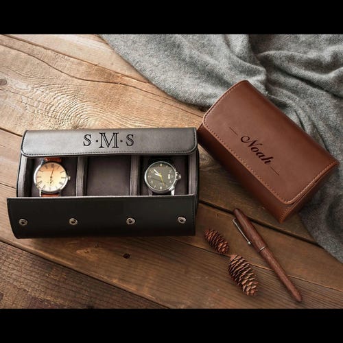 Engraved Leather Watch Case, Personalized Gift for Him, Travel Watches Roll, Groomsmen Proposal, Best Dad Gifts
