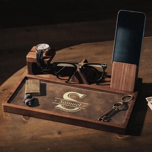 Engraved Groomsmen Valet Tray, Personalized Acacia Wooden Desk Catchall Organizer image 5