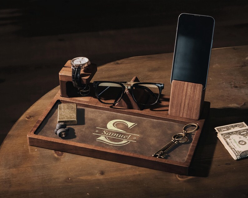 Engraved Groomsmen Valet Tray, Personalized Acacia Wooden Desk Catchall Organizer image 5