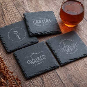 Juego de posavasos de pizarra personalizados, posavasos de piedra, regalo personalizado para él, regalos de inauguración de casa imagen 9