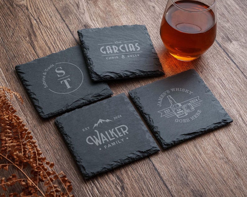 Juego de posavasos de pizarra personalizados, posavasos de piedra, regalo personalizado para él, regalos de inauguración de casa imagen 9