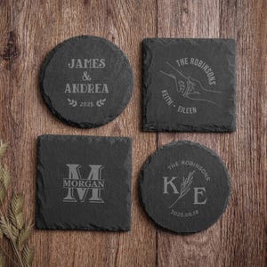 Juego de posavasos de pizarra personalizados, posavasos de piedra, regalo personalizado para él, regalos de inauguración de casa imagen 10