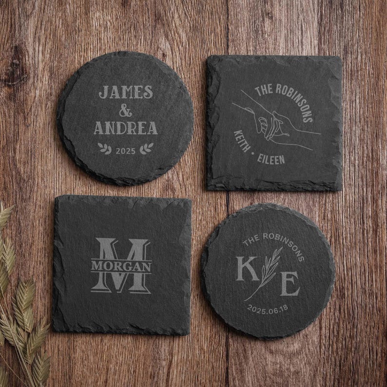 Juego de posavasos de pizarra personalizados, posavasos de piedra, regalo personalizado para él, regalos de inauguración de casa imagen 10