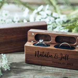 Engagement Wood Ring Box Wooden Double Slot Ring Bearer Custom Wedding Ring Box Proposal Engraved Ring Holder Couple Valentines Gift image 5