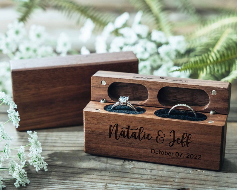 Engagement Wood Ring Box Wooden Double Slot Ring Bearer Custom Wedding Ring Box Proposal Engraved Ring Holder Couple Valentines Gift image 5