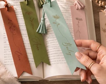 Birth Flower Leather Bookmark with Tassel and Custom Name, Personalized Book Lover Gift for Her