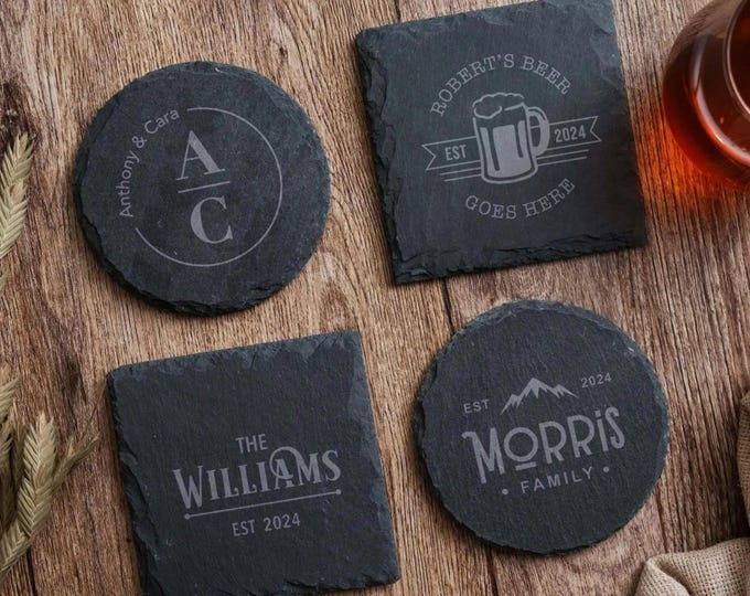 Slate Drink Coasters, Engraved Stone Coaster Set, Custom, Wedding Favors, Housewarming Gifts, Personalized Gift for Him