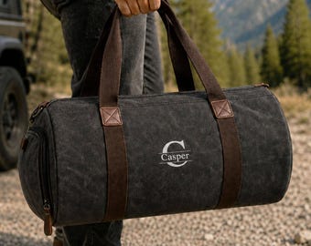 Personalized Groomsmen Canvas Duffle Bag: Custom Embroidered Monogram Travel Tote [N]