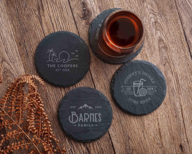 Juego de posavasos de pizarra personalizados, posavasos de piedra, regalo personalizado para él, regalos de inauguración de casa imagen 8