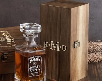 Custom Whiskey/Bourbon Decanter, Glasses, Wooden Box: Personalized Gift for Him, Fathers Day, Anniversary, Birthday