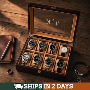 Personalized Wooden Watch Box, 5 or 10 Slot Display Case, Watch Case for Men, Christmas, Anniversary Gifts for Husband Son [WBX-0102] [W]