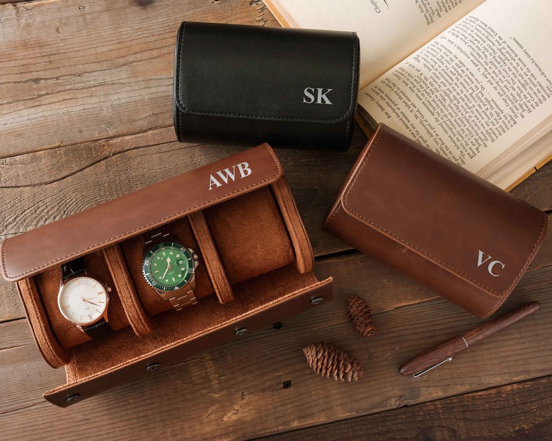 Personalized Leather Watch Case Custom Travel Watch Box Leather Watch Roll Fathers Day Gifts for Men Groomsmen Gifts Gift for Dad image 1