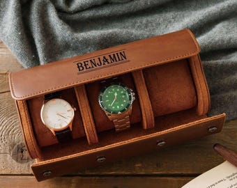 Custom Leather Watch Case, Personalized Travel Watch Roll, Engraved Watch Box, Gift for Him <W>