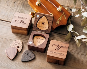 Personalized Wooden Guitar Picks with Holder | Dad Valentines Present | Anniversary Gift for Boyfriend, Husband | Guitarist Gift for Dad Him