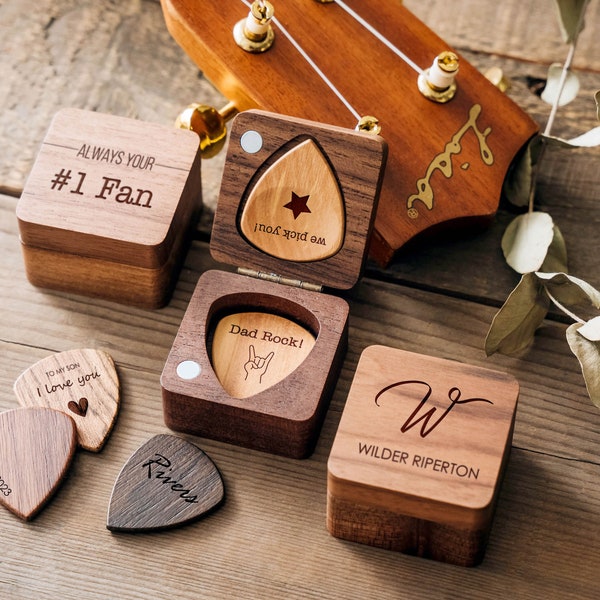 Personalized Wooden Guitar Picks with Holder | Dad Valentines Present | Anniversary Gift for Boyfriend, Husband | Guitarist Gift for Dad Him