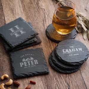Juego de posavasos de pizarra personalizados, posavasos de piedra, regalo personalizado para él, regalos de inauguración de casa imagen 7