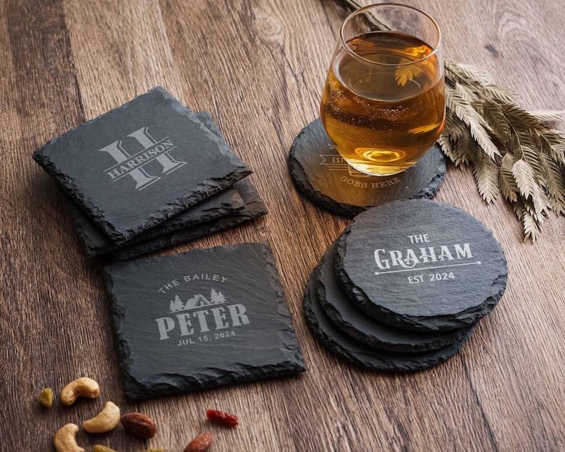 Juego de posavasos de pizarra personalizados, posavasos de piedra, regalo personalizado para él, regalos de inauguración de casa imagen 7