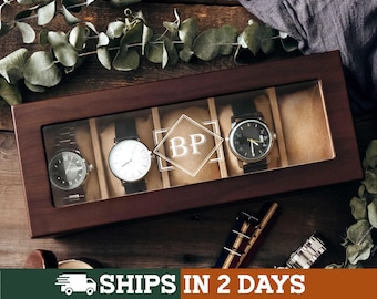Custom Engraved Watch Box, Gift for Him, Personalized Watch Case with Engraved Glass Lid, 3 to 12 Slots [WBX-0102][W]