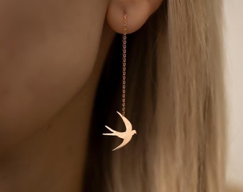 Pendientes de pájaro colgante de cadena colgante (PAR) / Pendientes de plata de ley 925 de oro rosa / Pendientes de enhebrador de pájaro volador Pendientes largos