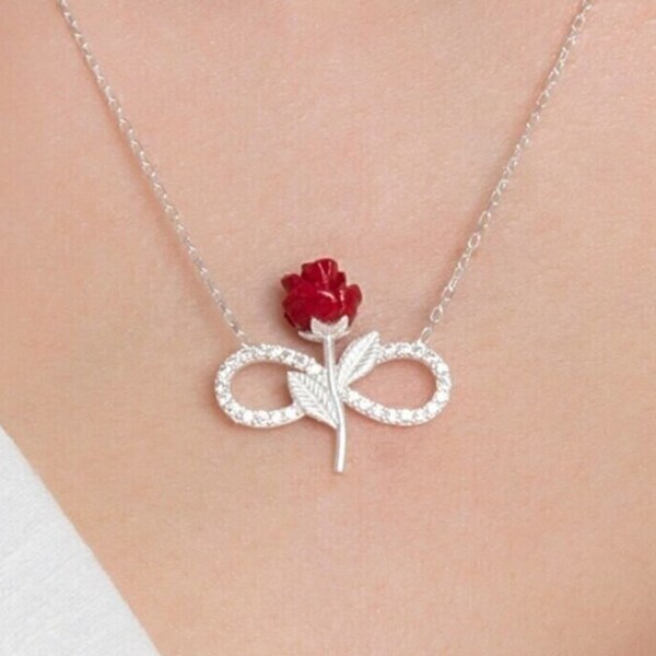 Red Rose Infinity Necklace | 925 Sterling Silver Necklace | Rose Pendant | Red Rose Necklace | Dainty Charm Flower | Valentines Day Gift