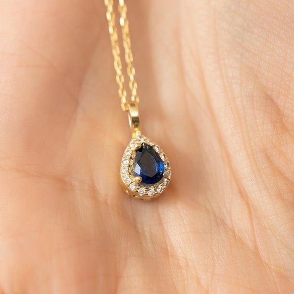 Teardrop Sapphire Necklace | 925 Sterling Silver 14k Gold Plated Sapphire Necklace | Genuine Gold Sapphire Necklace | Best Gift