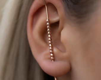 Beads Ear Pin Earring | 925 Sterling Silver Rose Gold Earrings | Beaded Cane Ear Climber Ear Bar | Edgy Pin Hook Ear Cuff Ear Crawler