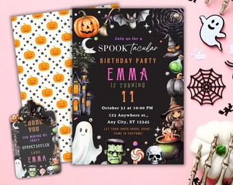 May include: A black and white Halloween birthday party invitation with a spooky theme. The invitation features a haunted house, a witch, a ghost, a pumpkin, and a skull. The text on the invitation reads "Join us for a Spooktacular Birthday Party Emma is turning 11 October 31 at 10:00 PM 123 Anywhere st., Any City, ST 12345 Let your inner ghoul shine - come in costume!"