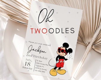 May include: A white invitation card with black and red text that says "Oh Twoodles" and features a cartoon image of Mickey Mouse wearing sunglasses. The text on the card says "Please join us to celebrate Jackson's 2nd Birthday, July 18, Saturday, 12-4pm, 1234 Disney Way, Orlando, FL, RSVP to Mickey 123-456-7890".