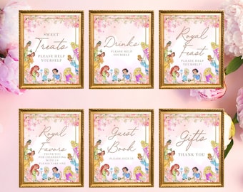 May include: Six printable signs featuring Disney princesses in a pink floral design. The signs say "Sweet Treats", "Drinks", "Royal Feast", "Royal Favors", "Guest Book", and "Gifts".