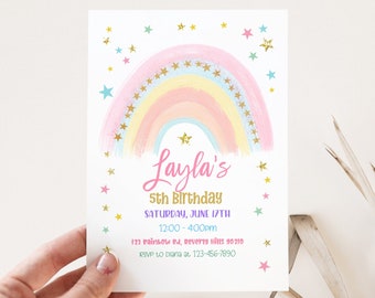 4th Birthday | 5th Birthday | Pastel Rainbow Birthday Invitation | Colorful Watercolor Gold Glitter Sprinkles | Ombre Pastel Invitation