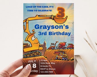 Construction Birthday Invitation | Excavator Dump Truck Party Invite | Constructions Vehicles Birthday Theme | Boy Birthday Invite