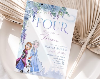 May include: A purple and blue invitation card with a watercolor design featuring two cartoon girls and a snowman. The text on the card reads "FOUR the first time in Forever Olivia Rose's Fourth Birthday Saturday, July 18th 10:00 - 3:00pm 1234 Phoenix Rd.  Arondale, AZ RSVP 123-456-7890".