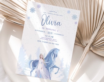 May include: A blue and purple invitation card with a snowflake design. The text on the card reads "Olivia is turning 4 September 23 | Saturday 12-4 PM 123 Sunny Way Orlando, FL 32825 RSVP to Mom 123-456-1990"