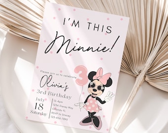 May include: Pink and white birthday invitation featuring a cartoon Minnie Mouse wearing sunglasses and holding a pink balloon with the number 3. The text on the invitation reads "I'm this Minnie!" and "Olivia's 3rd Birthday".