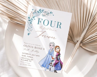 May include: A light blue and white invitation card with a floral design. The card says "FOUR the first time in Forever" and features a watercolor illustration of Elsa and Anna from Frozen. The text on the card includes the details for Olivia Rose's 4th birthday party.