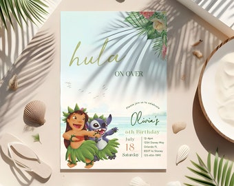 May include: A blue and green invitation card with a hula girl and Stitch from Lilo & Stitch. The text on the card reads "hula on over" and "Olivia's 6th Birthday". The invitation includes the date, time, and location of the party.