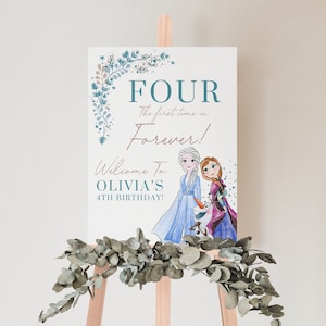 Sinal de boas-vindas do 4º aniversário congelado | Quatro pela primeira vez em celebração para sempre | Sinal de aniversário com tema congelado | Sinal de aniversário de Elsa | Editável