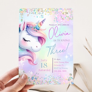 Invito di compleanno unicorno / Invito alla festa arcobaleno pastello / Design scintillante / Modello Canva stampabile scaricabile per ragazze
