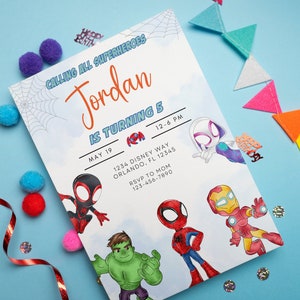 Convite de aniversário do Homem-Aranha - Convite de aniversário do Aranha e seus amigos incríveis - Festa temática do Homem-Aranha - Modelo digital - Download instantâneo