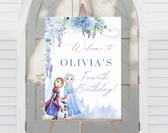 Frozen 4.Geburtstag Willkommensschild | Vier das erste Mal in der ewigen Feier | Gefrorenes Geburtstagsschild | Elsa Geburtstags-Zeichen | Veränderbar