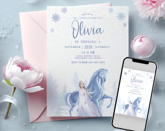 May include: Frozen themed birthday invitation with a blue and white illustration of Elsa from the movie Frozen. The invitation is for Olivia's 4th birthday party on September 23rd from 12-6 PM. The address is 1234 Disney Way, Orlando, FL 12345. RSVP to Mom at 123-456-7890.