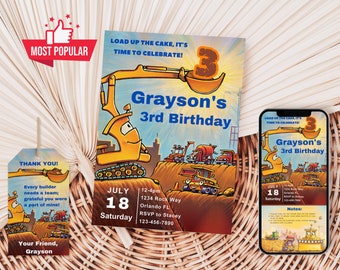 Construction Birthday Invitation | Excavator Dump Truck Party Invite | Constructions Vehicles Birthday Theme | Boy Birthday Invite