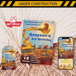 Bouw verjaardagsuitnodiging | Graafmachine Kipper partij uitnodigen | Constructies Voertuigen Verjaardagsthema | Jongen verjaardag uitnodigen