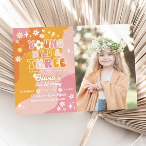 3rd Birthday Young Wild and Three | Retro Groovy 3rd Birthday Party Invitations | Daisy Girl Birthday Invite | Hippie Retro Birthday
